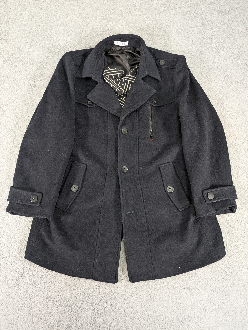 Mens Wool Blend Coat Jacket XL Black Detachable Liner Classic Peacoat Dressy
